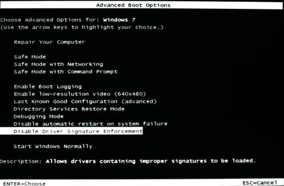 как отключить проверку цифровой подписи драйвера в windows 7